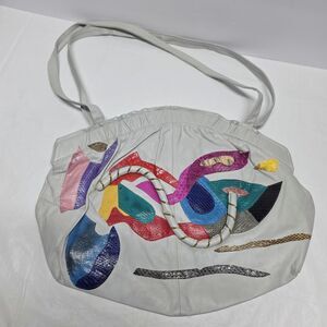 Vintage 80s Gray Leather Colorful Applique Shoulder Bag Disco Boho Avant Garde
